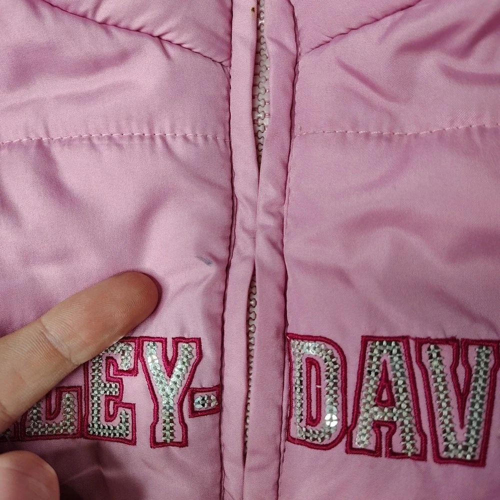 Harley-Davidson Puffer Jacket Kids Size M Pink Rhinestone Logo Full Zip Quilted